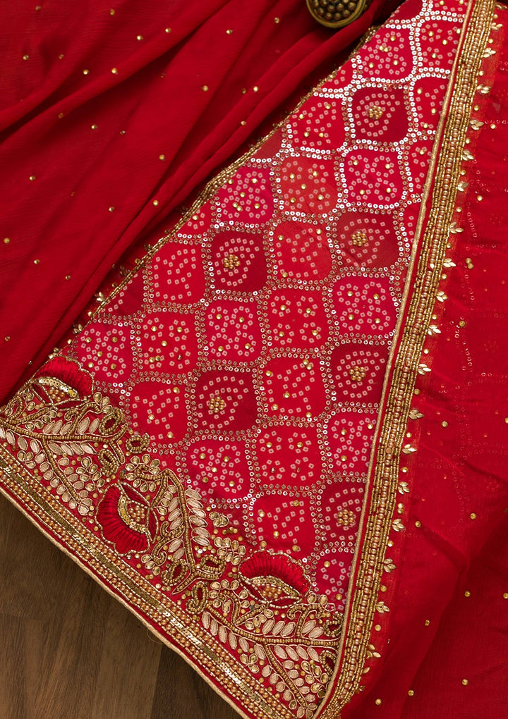 Red Bandhani Print Georgette Unstitched Salwar Suit-Koskii