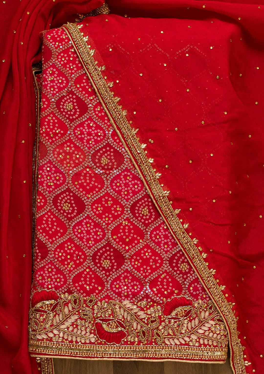 Red Bandhani Print Georgette Unstitched Salwar Suit-Koskii