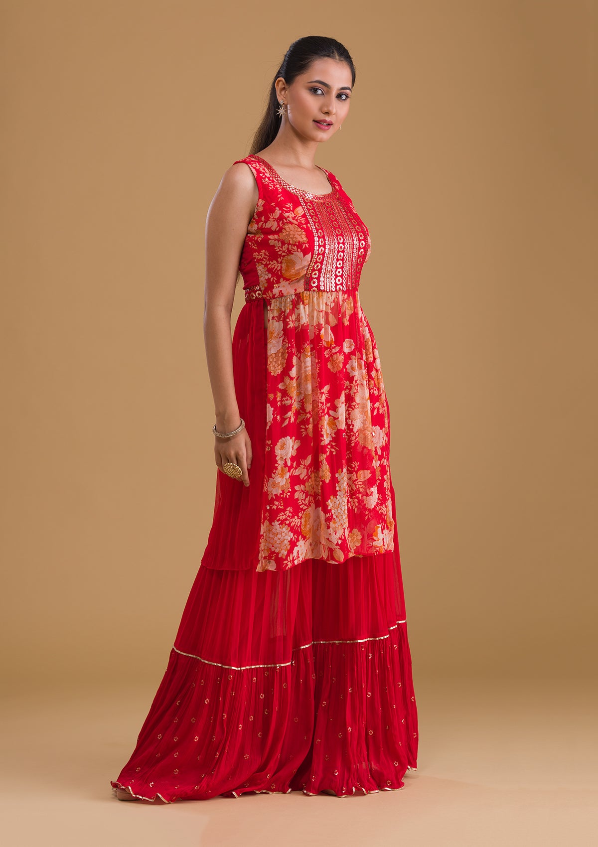Red Sequins Georgette Designer Salwar Suit-Koskii