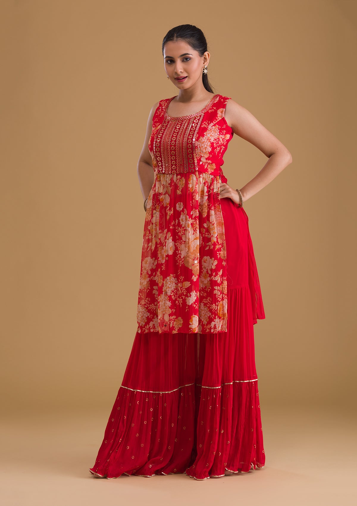 Red Sequins Georgette Designer Salwar Suit-Koskii