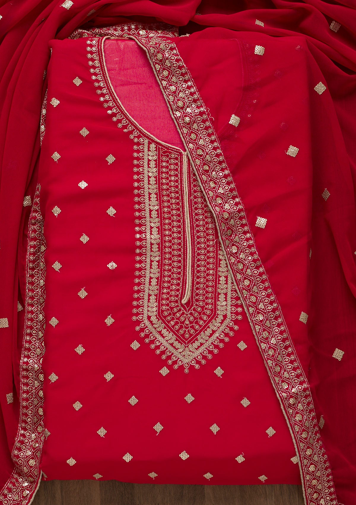Red Sequins Georgette Unstitched Salwar Suit-Koskii