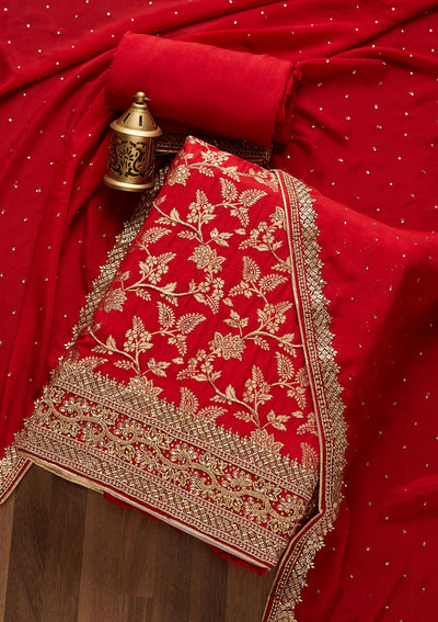 Red Stonework Chanderi Unstitched Salwar Suit- Koskii