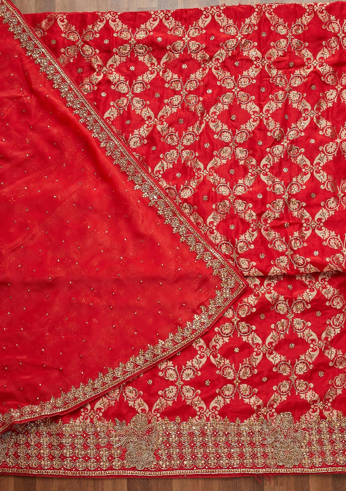 Red Stonework Georgette Unstitched Salwar Suit - Koskii