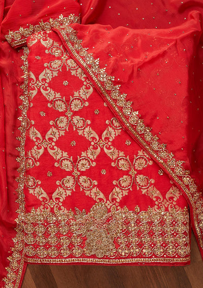 Red Stonework Georgette Unstitched Salwar Suit - Koskii