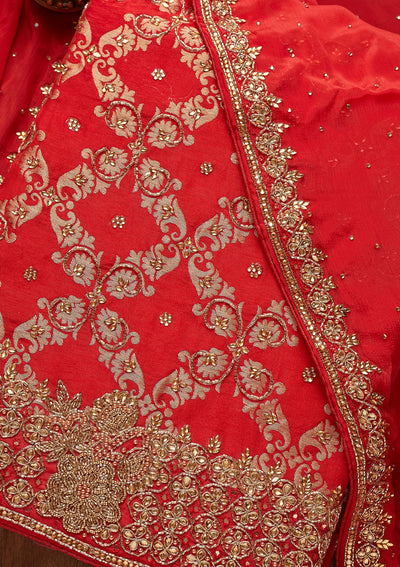Red Stonework Georgette Unstitched Salwar Suit - Koskii