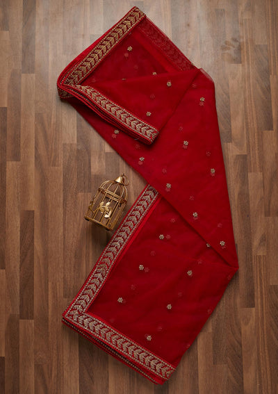Red Stonework Net Dupatta- Koskii