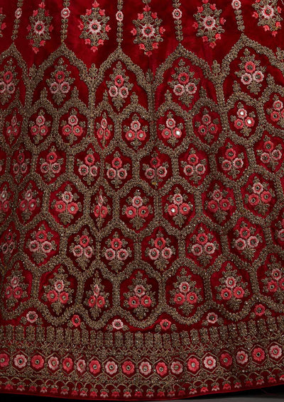 Red Stonework Velvet Designer Semi-Stitched Lehenga - koskii