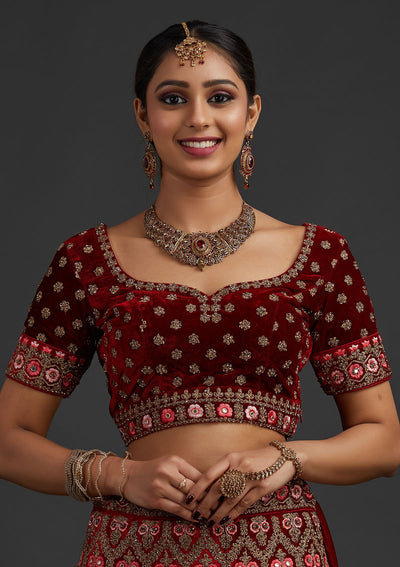 Red Stonework Velvet Designer Semi-Stitched Lehenga - koskii