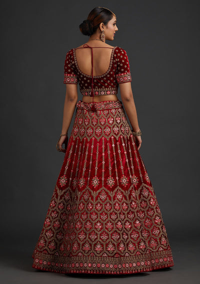 Red Stonework Velvet Designer Semi-Stitched Lehenga - koskii