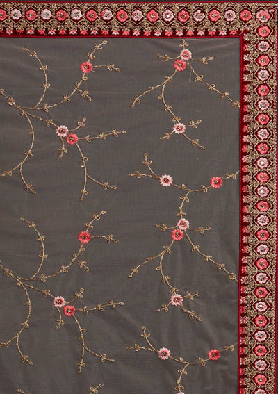 Red Stonework Velvet Designer Semi-Stitched Lehenga - koskii