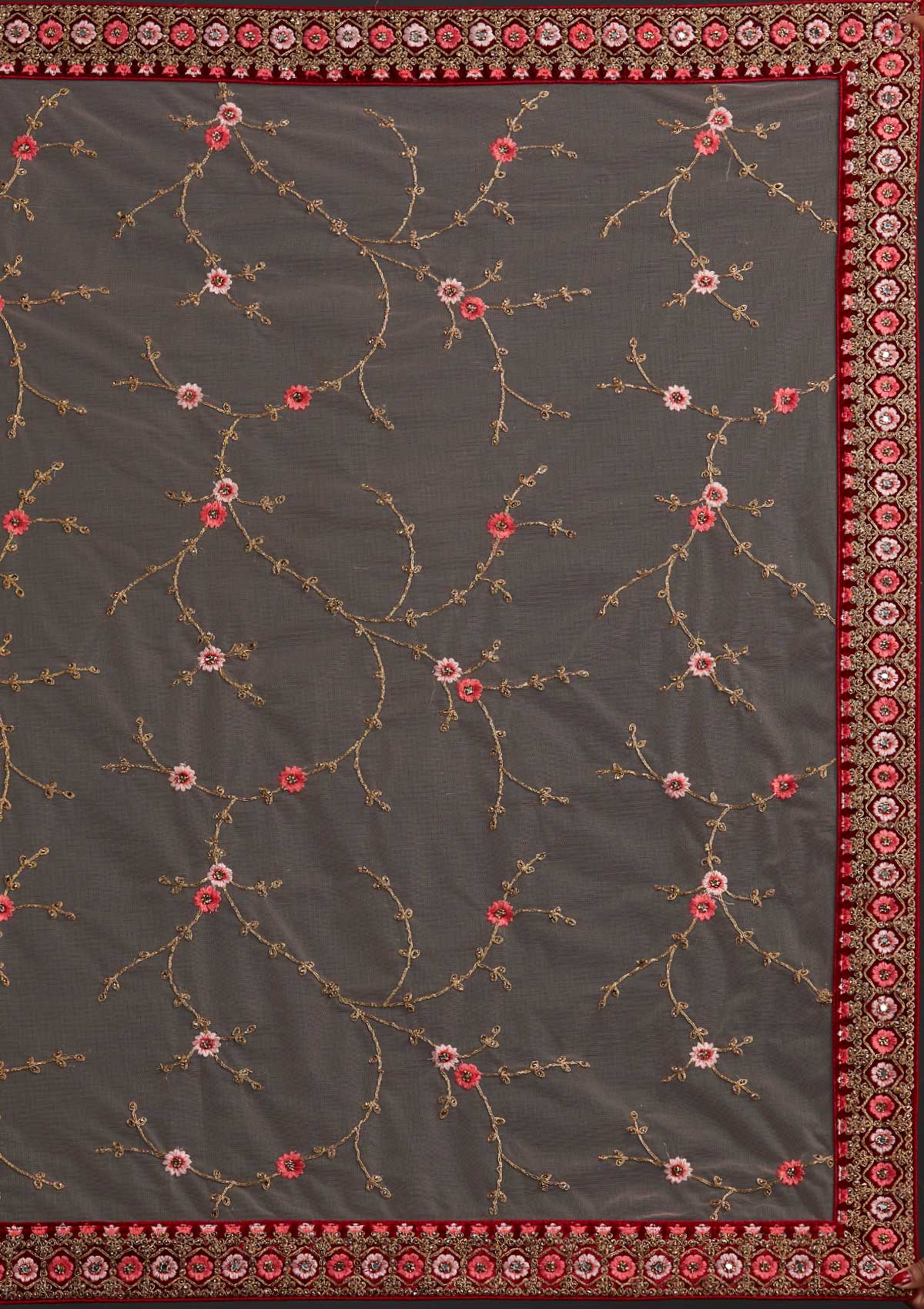 Red Stonework Velvet Designer Semi-Stitched Lehenga - koskii