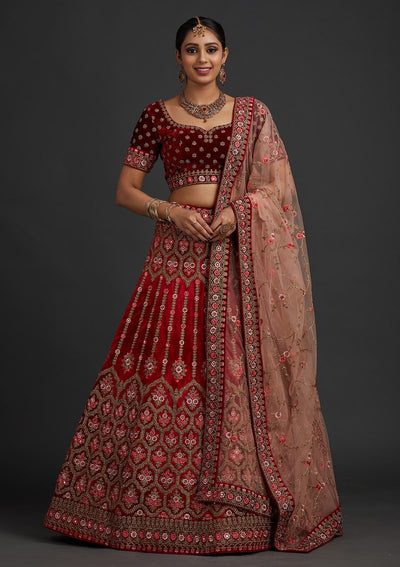 Red Stonework Velvet Designer Semi-Stitched Lehenga - koskii