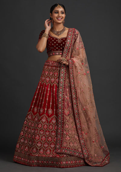Red Stonework Velvet Designer Semi-Stitched Lehenga - koskii