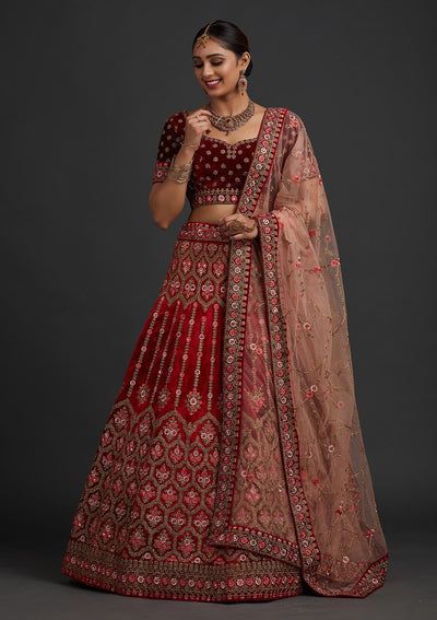 Red Stonework Velvet Designer Semi-Stitched Lehenga - koskii