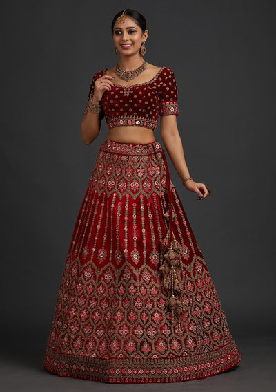 Red Stonework Velvet Designer Semi-Stitched Lehenga - koskii