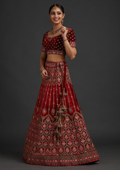 Red Stonework Velvet Designer Semi-Stitched Lehenga - koskii
