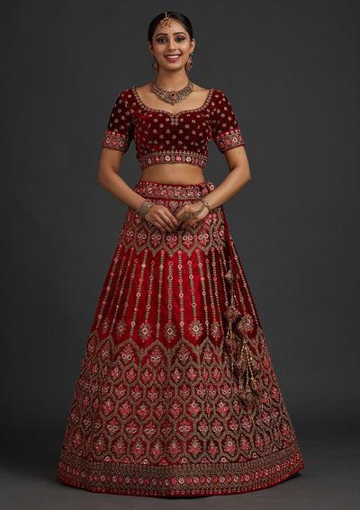 Red Stonework Velvet Designer Semi-Stitched Lehenga - koskii