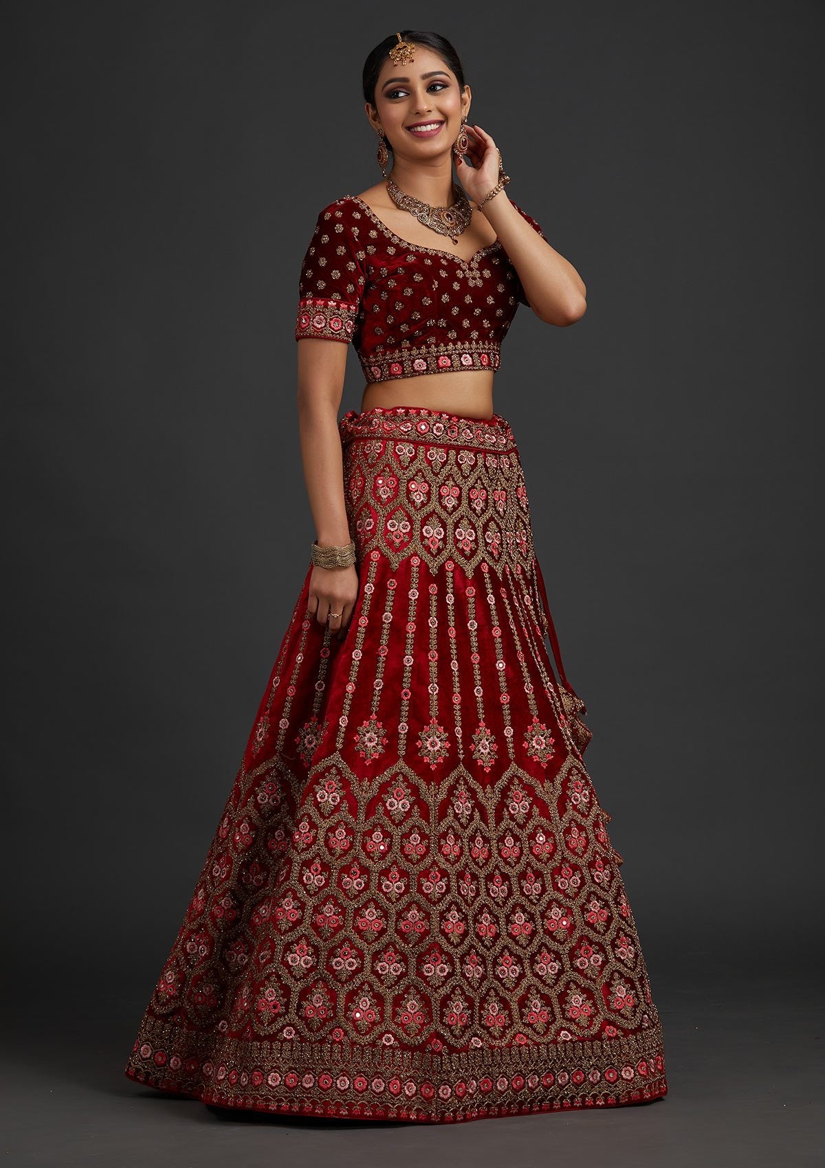 Red Stonework Velvet Designer Semi-Stitched Lehenga - koskii