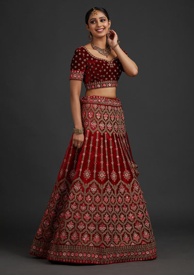 Red Stonework Velvet Designer Semi-Stitched Lehenga - koskii