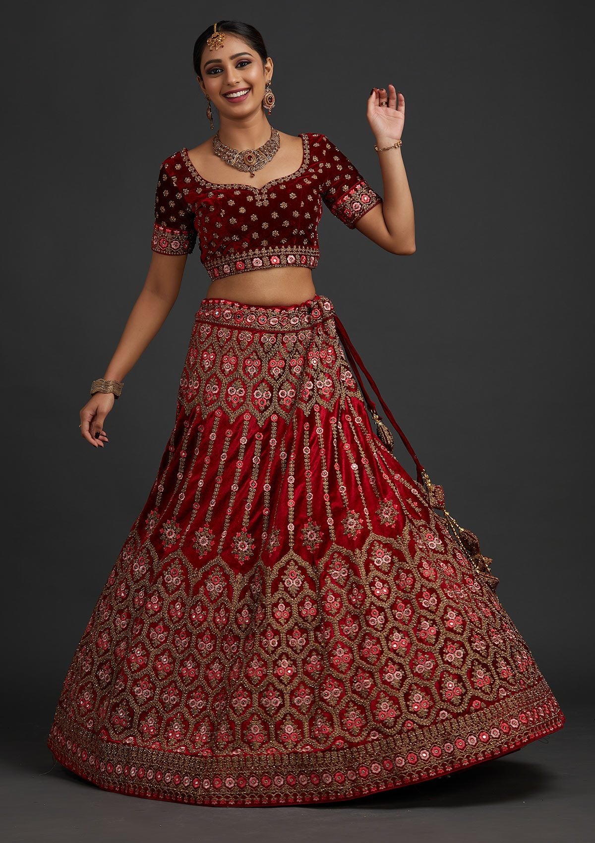Red Stonework Velvet Designer Semi-Stitched Lehenga - koskii