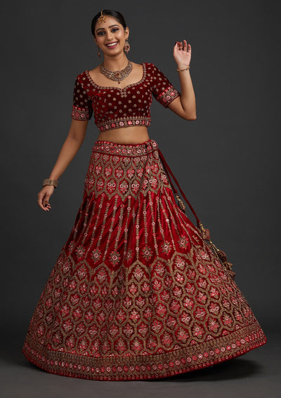 Red Stonework Velvet Designer Semi-Stitched Lehenga - koskii