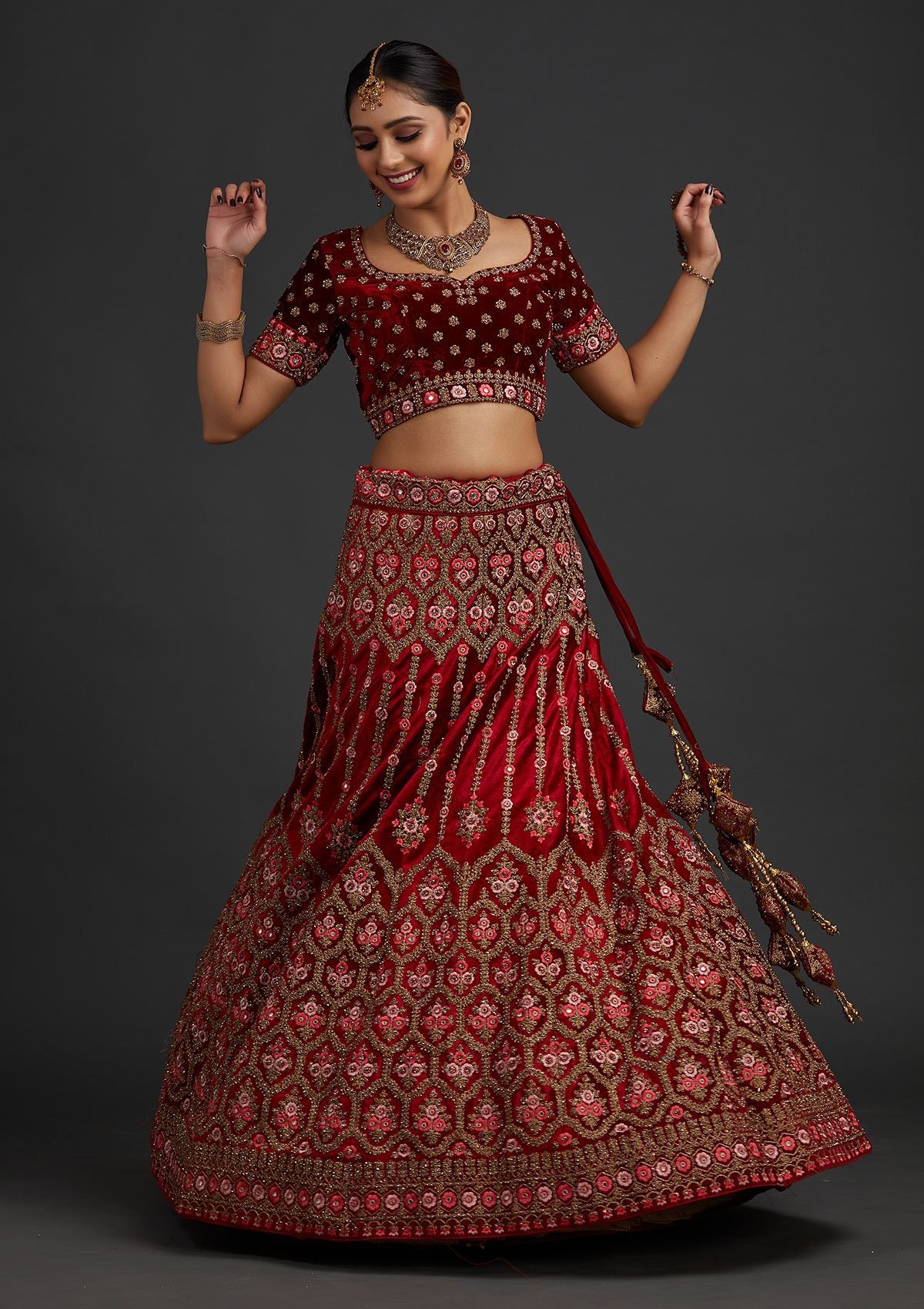Red Stonework Velvet Designer Semi-Stitched Lehenga - koskii