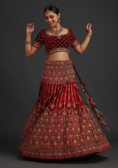 Red Stonework Velvet Designer Semi-Stitched Lehenga - koskii
