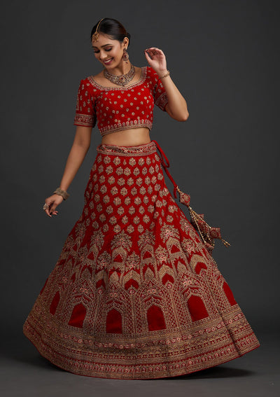 Red Stonework Velvet Designer Semi-Stitched Lehenga - koskii