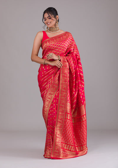 Red Swarovski Raw Silk Saree-Koskii