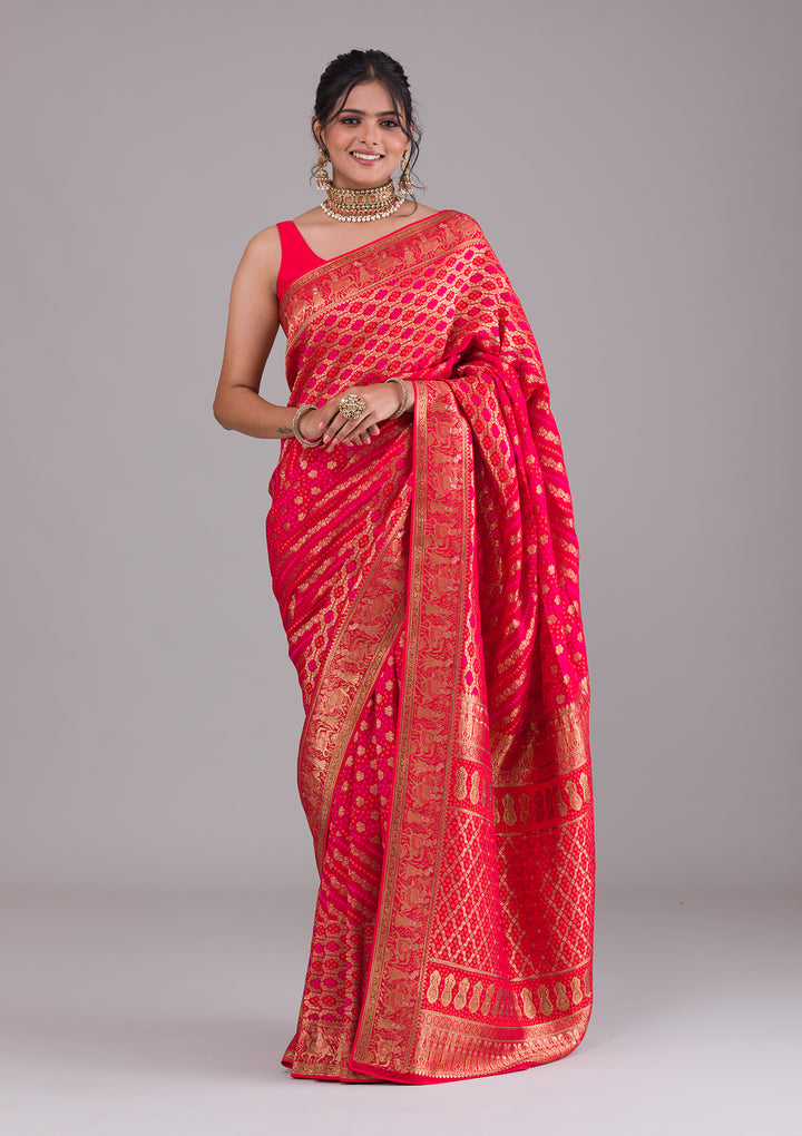 Red Swarovski Raw Silk Saree-Koskii