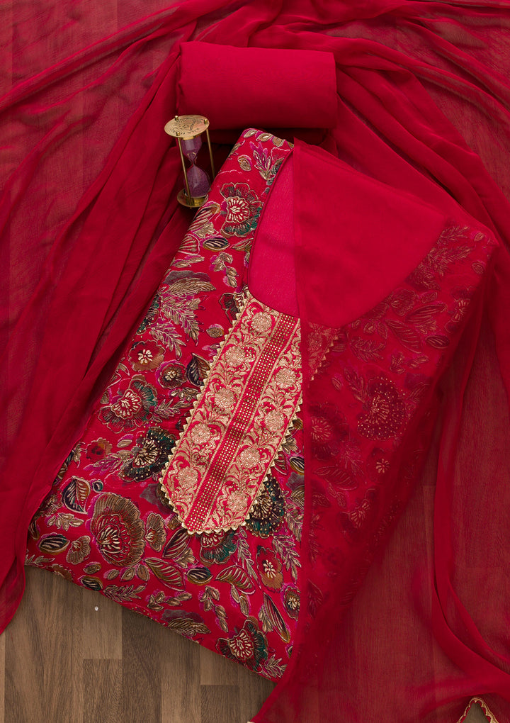 Red Swarovski Semi Crepe Semi-Stitched Salwar Suit-Koskii