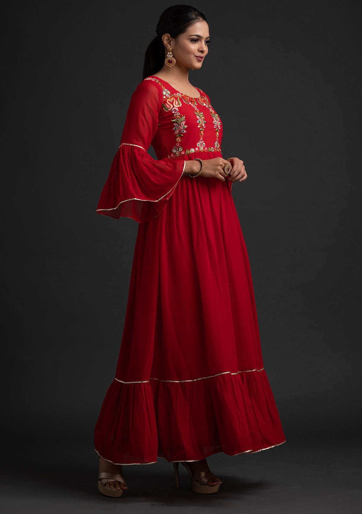 Red Threadwork Georgette Designer Gown - koskii