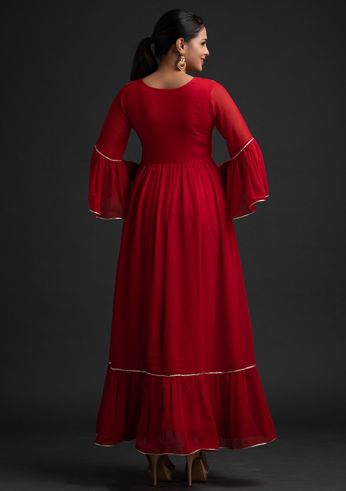 Red Threadwork Georgette Designer Gown - koskii