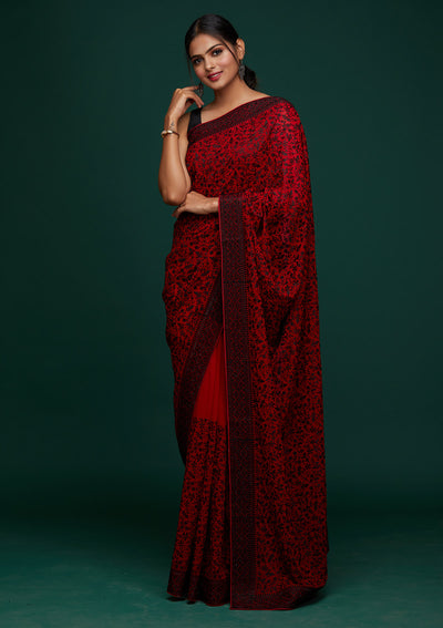 Red Threadwork Georgette Designer Saree - Koskii