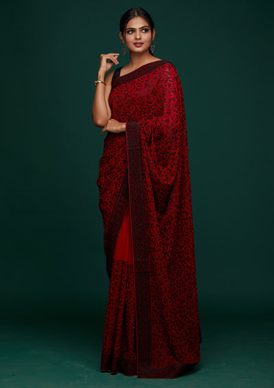 Red Threadwork Georgette Designer Saree - Koskii