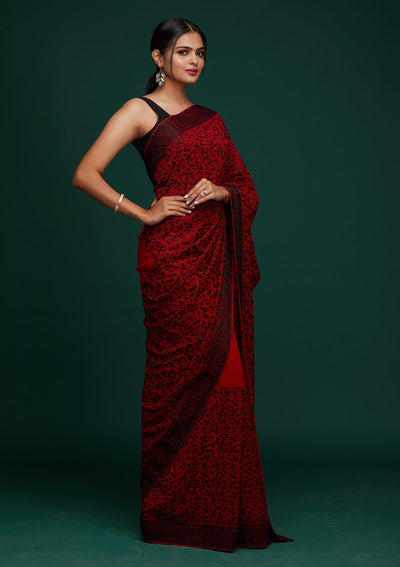 Red Threadwork Georgette Designer Saree - Koskii
