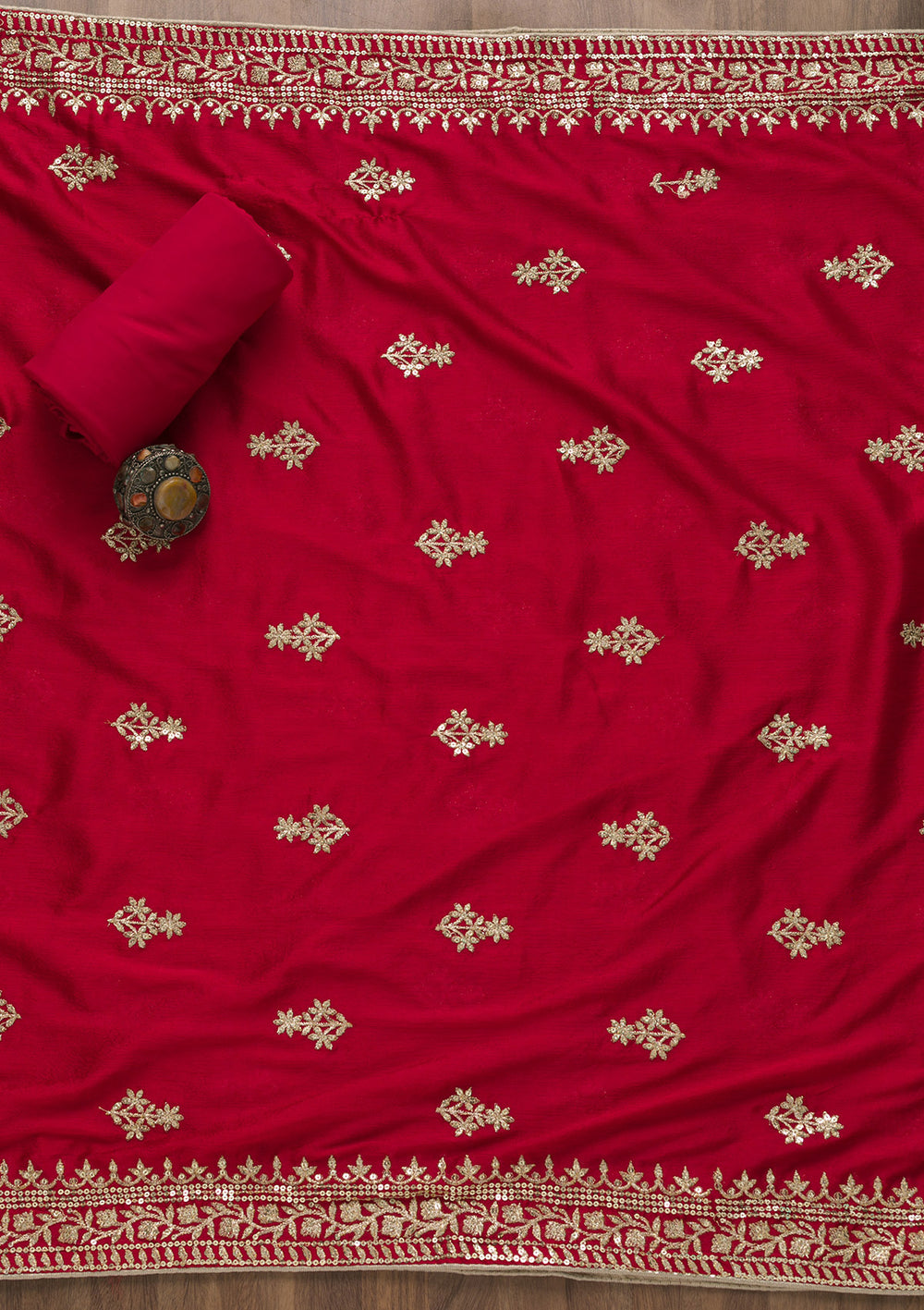 Red Zariwork Art Silk Semi-Stitched Salwar Suit-Koskii