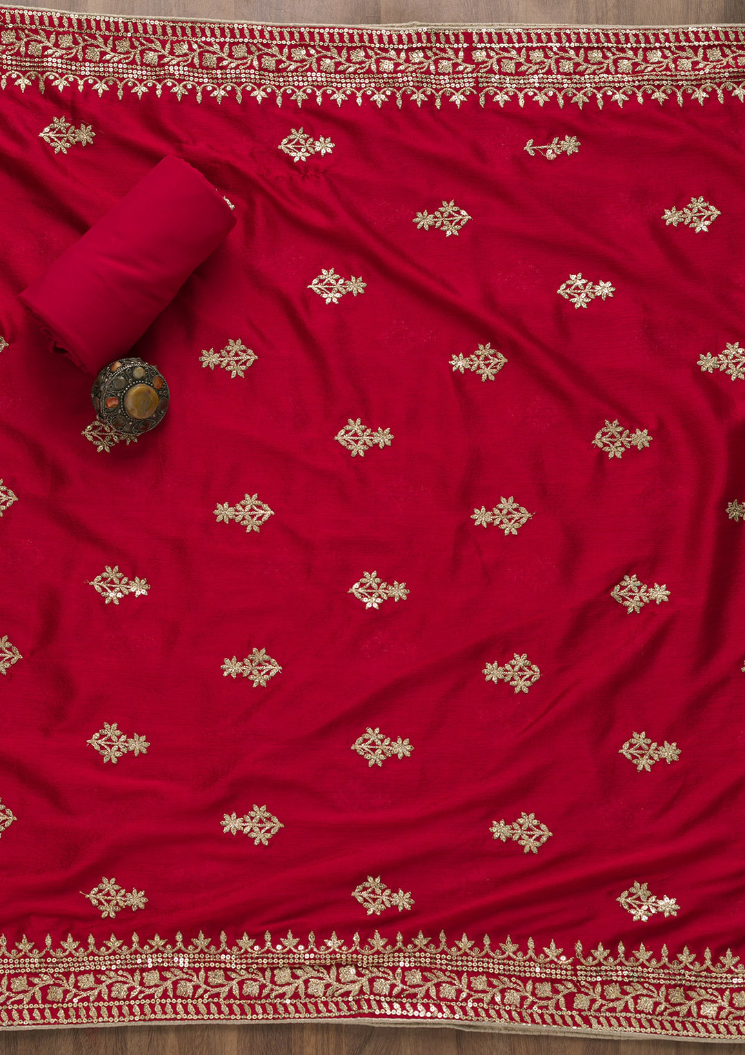 Red Zariwork Art Silk Semi-Stitched Salwar Suit-Koskii