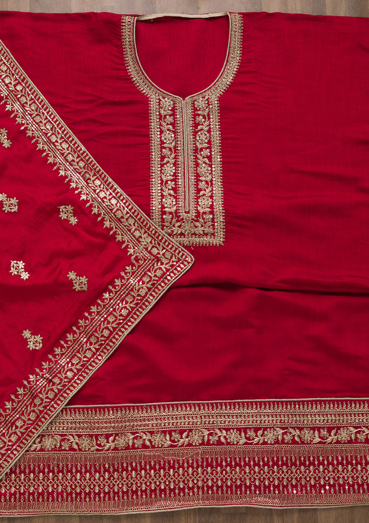 Red Zariwork Art Silk Semi-Stitched Salwar Suit-Koskii