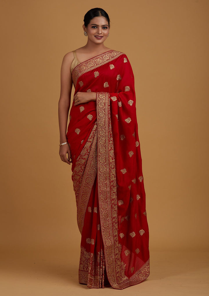 Red Zariwork Art Silk Designer Saree - Koskii