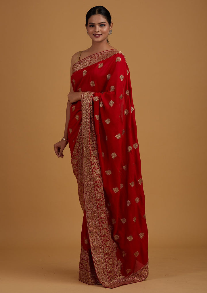 Red Zariwork Art Silk Designer Saree - Koskii