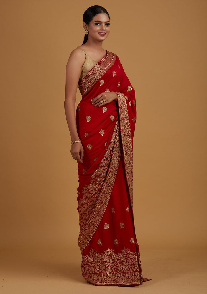 Red Zariwork Art Silk Designer Saree - Koskii