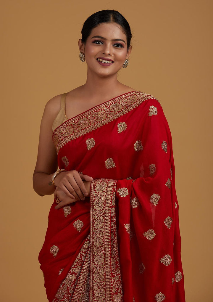 Red Zariwork Art Silk Designer Saree - Koskii