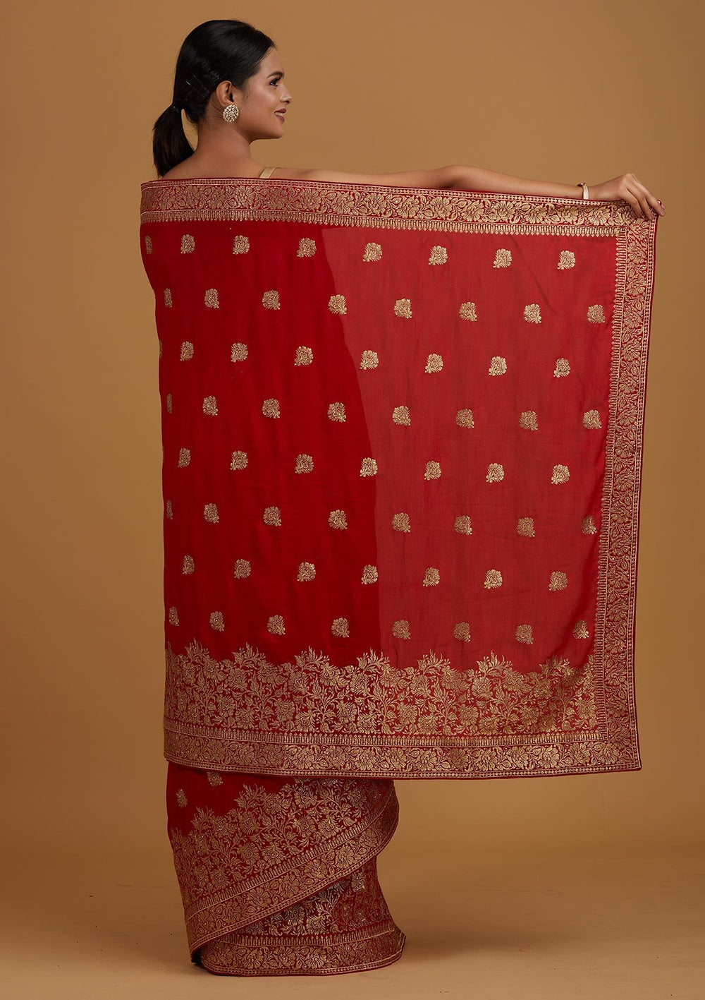 Red Zariwork Art Silk Designer Saree - Koskii