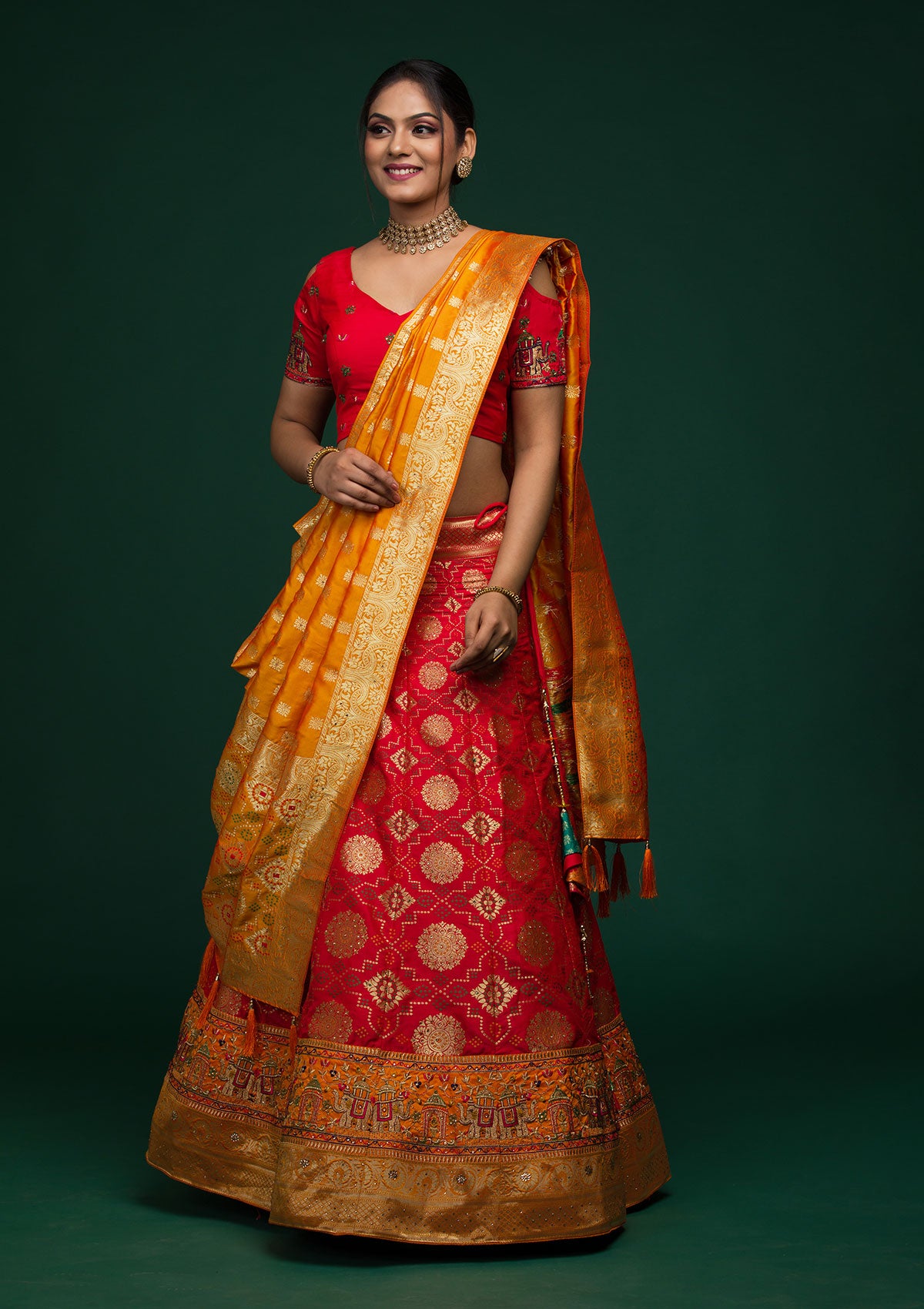 Buy Red Zariwork Banarasi Semi Stitched Lehenga Koskii