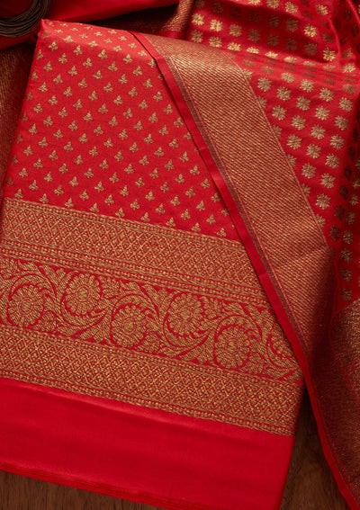 Red Zariwork Banarasi Designer Unstitched Salwar Suit - koskii