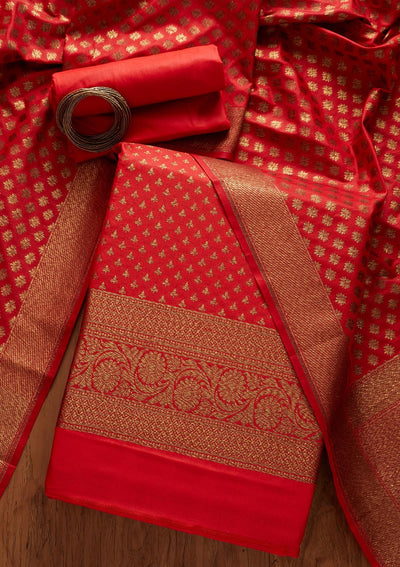 Red Zariwork Banarasi Designer Unstitched Salwar Suit - koskii