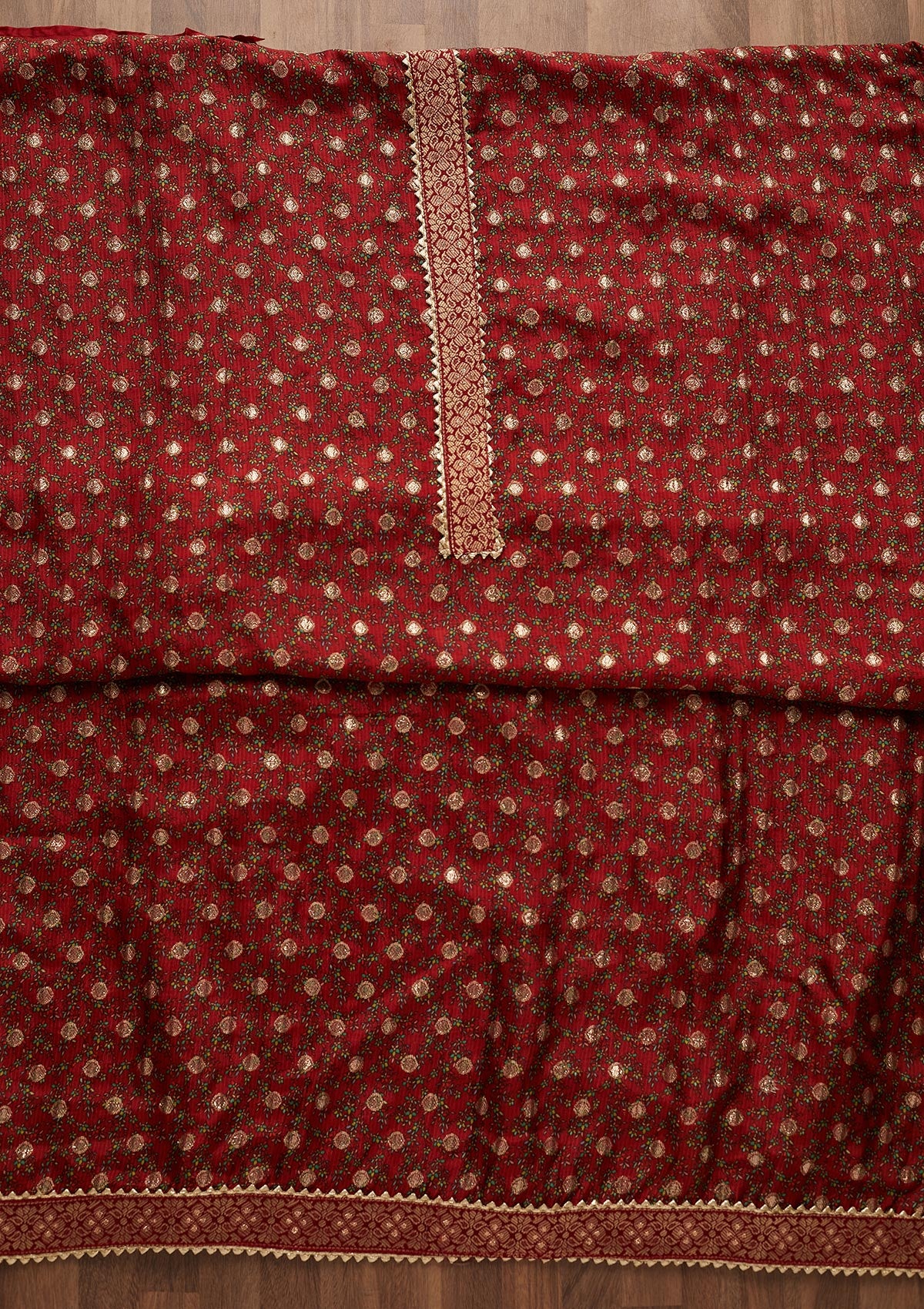 Red Zariwork Chanderi Semi-Stitched Salwar Suit-Koskii