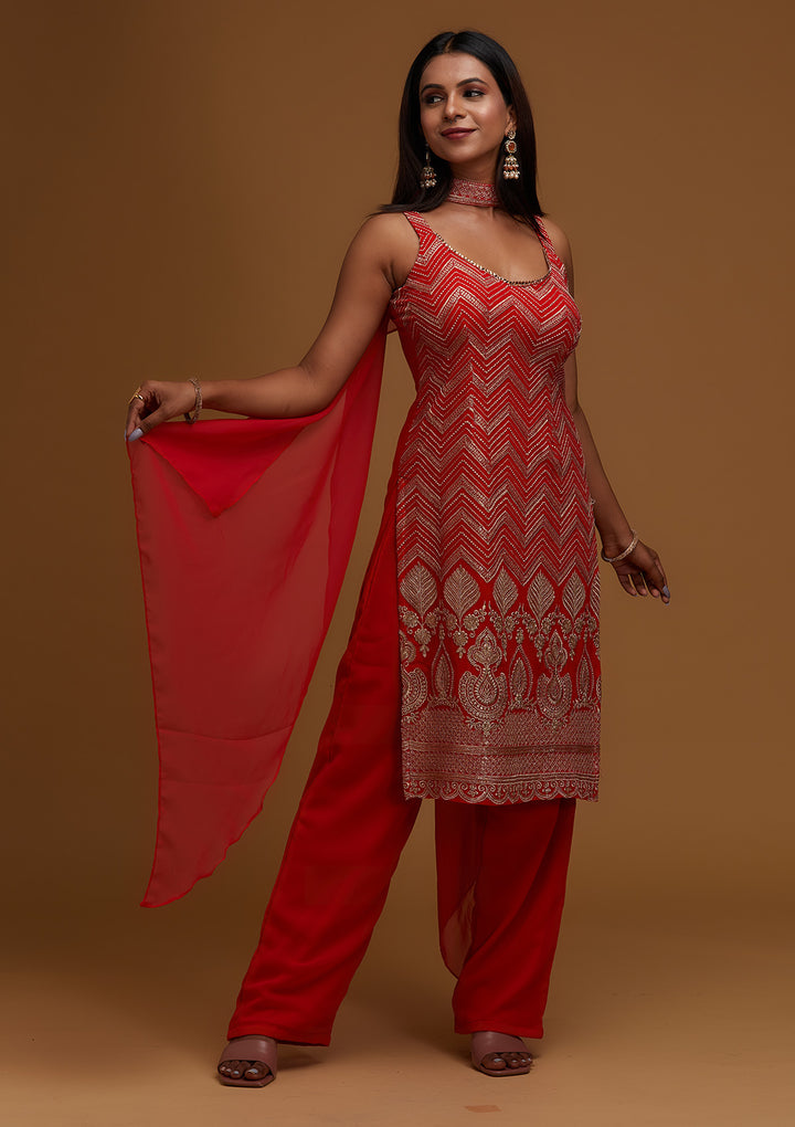 Red Zariwork Georgette Designer Salwar Suit - Koskii
