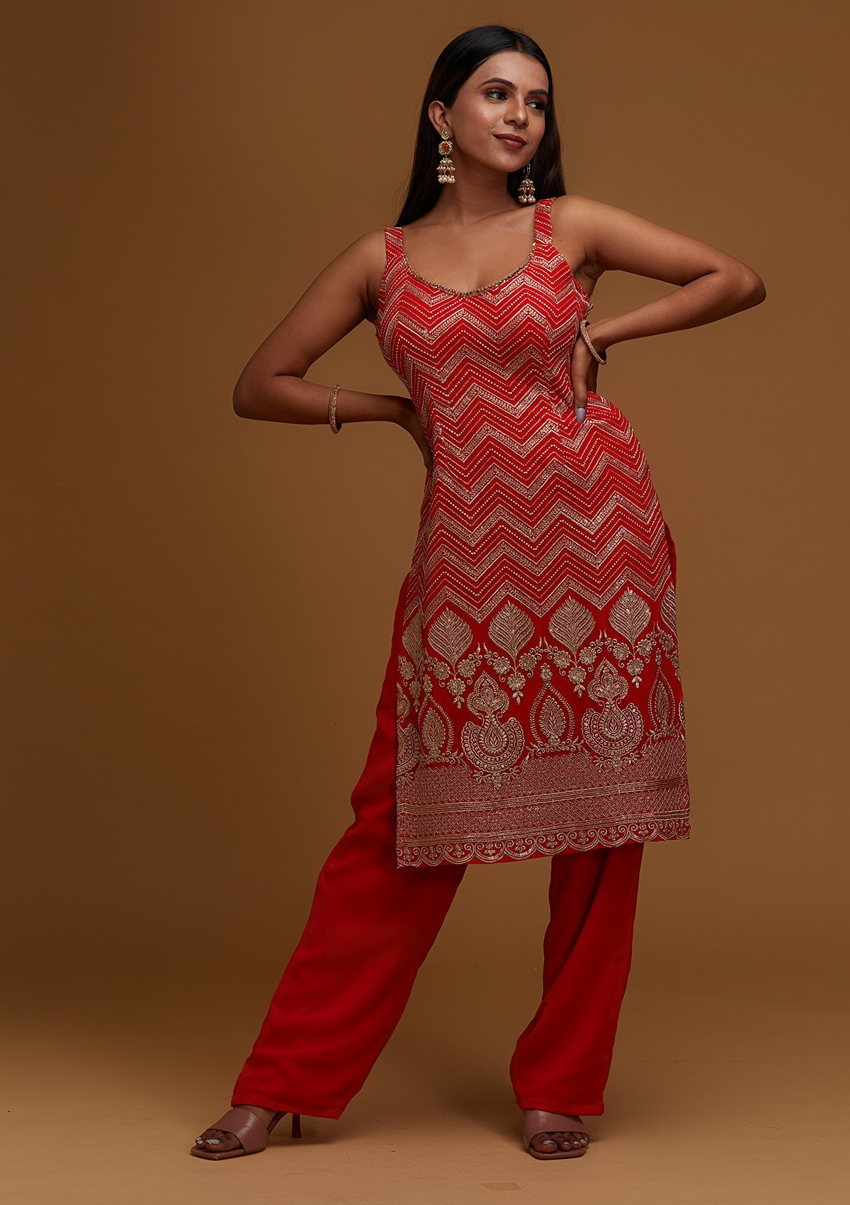 Red Zariwork Georgette Designer Salwar Suit - Koskii